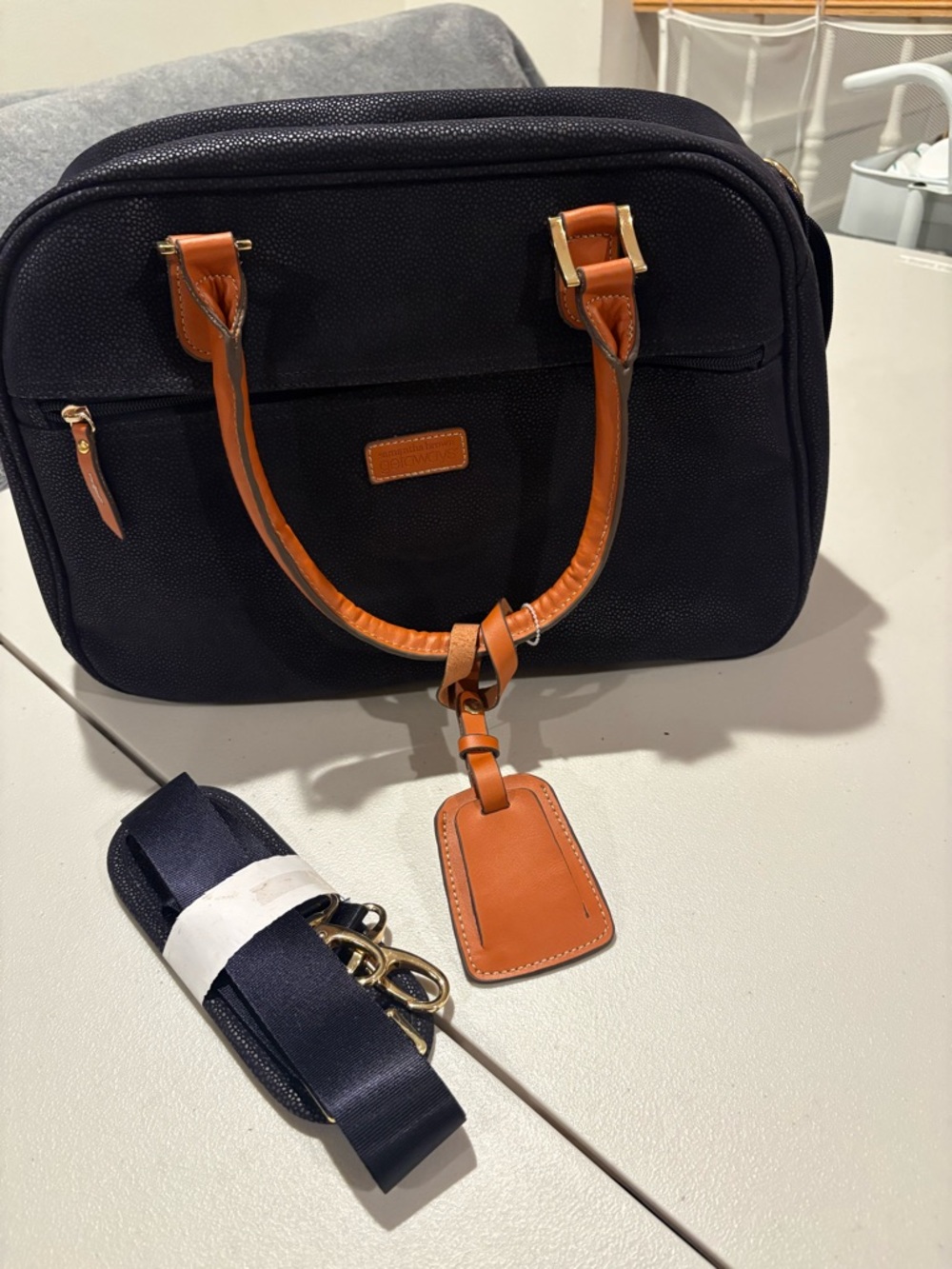 Women’s Navy weekender bag with Brown Leather Handles and Trim - Picture 5 of 8